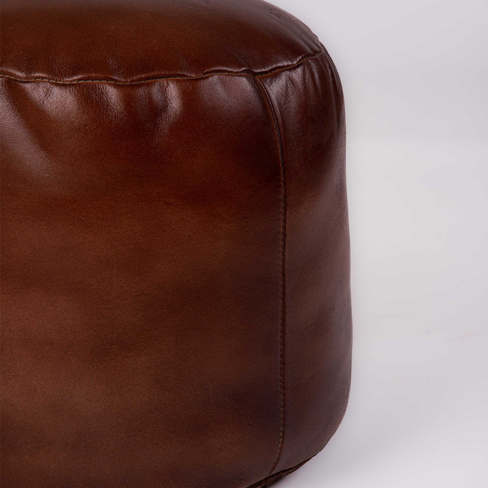 Poufs-Solid Goat Leather Pouf, Handmade (Recycled Cotton Fill), (Round]14x14x14