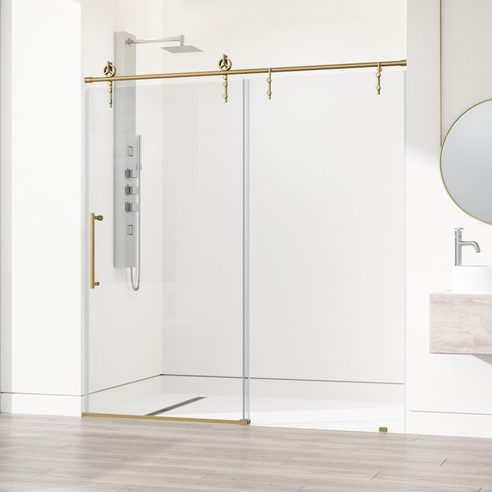 VIGO Hamilton Frameless Sliding, Matte Brushed Gold, Shower Door, 56" to 60" W X 78" H, Clear Glass