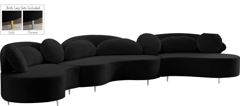 Vivacious Velvet Upholstered 3-Piece Sectional, Black