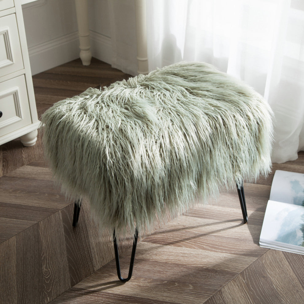 Mongolian Fur Ottoman, Desert Saga, 19''x13''x17''