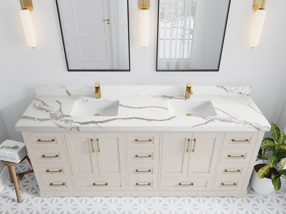 Boston 84" Double Sink Bath Vanity in Fine Grain 2" Calacatta Gold