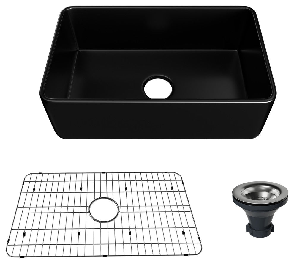 Fireclay 36inch Single Bowl Farmhouse Apron Kitchen Sink with Bottom Grid, 30