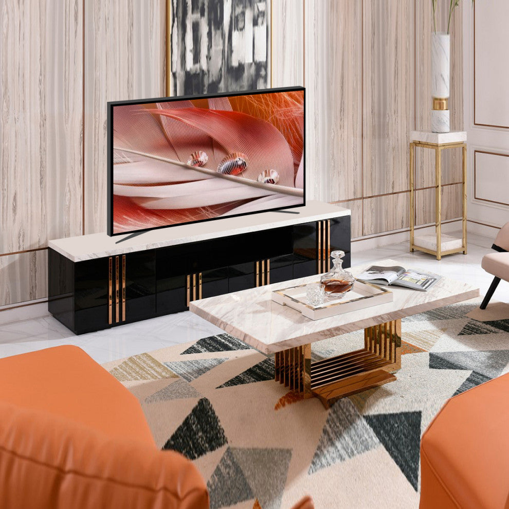 Empire TV Stand, White Marble Media Cabinet, 95" Rosegold Black TV Storage