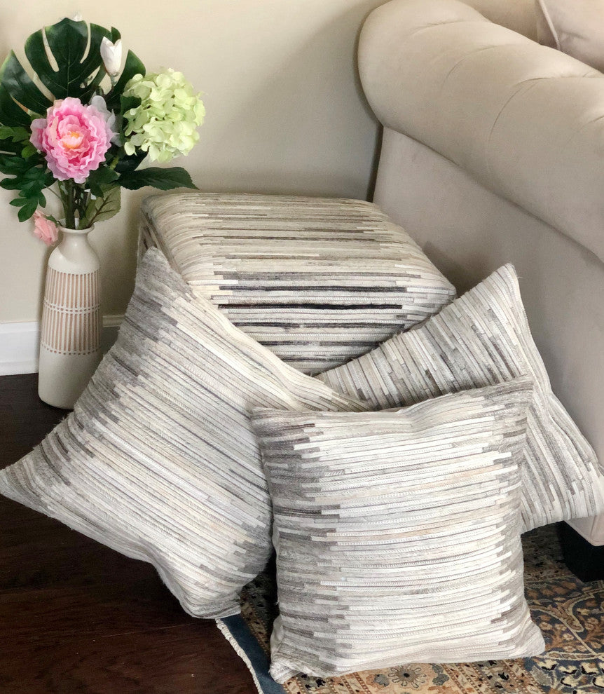 Decor Maisonette Striped Hide Pouf Maxwell, Beige, 18"