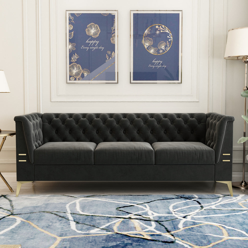 82.7'' Chesterfield Velvet Square Arm Sofa with Gold Leg, Dark Gray