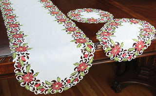 Poinsettia Lace Embroidered Cutwork Table Runner, 15x54