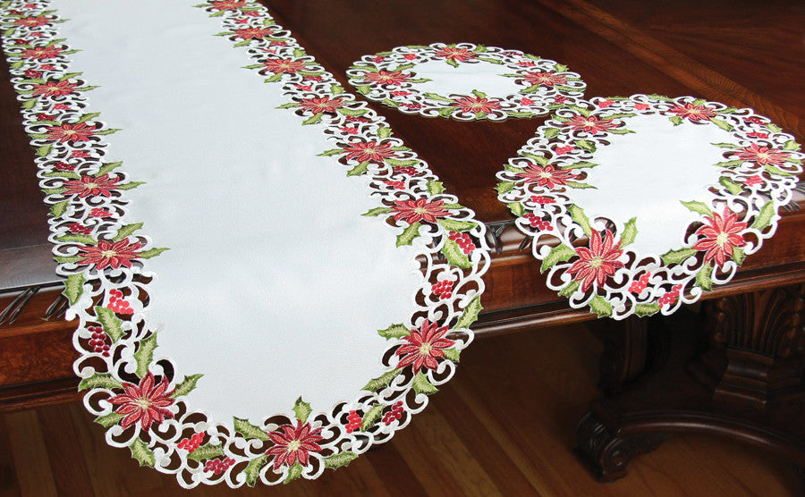 Poinsettia Lace Embroidered Cutwork Table Runner, 15x54