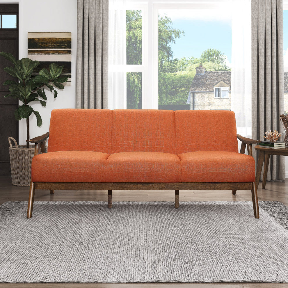 Retro Modern Sofa, Exposed Walnut Finished Frame & Cushioned Seat, Orange