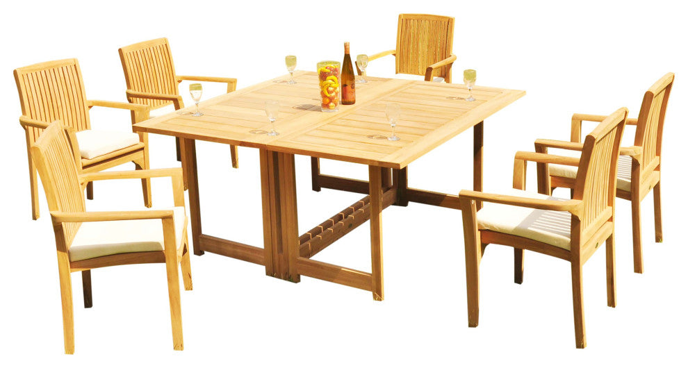 7-Piece Outdoor Teak Set: 60" Square Butterfly Table, 6 Lua Stacking Arm Chairs
