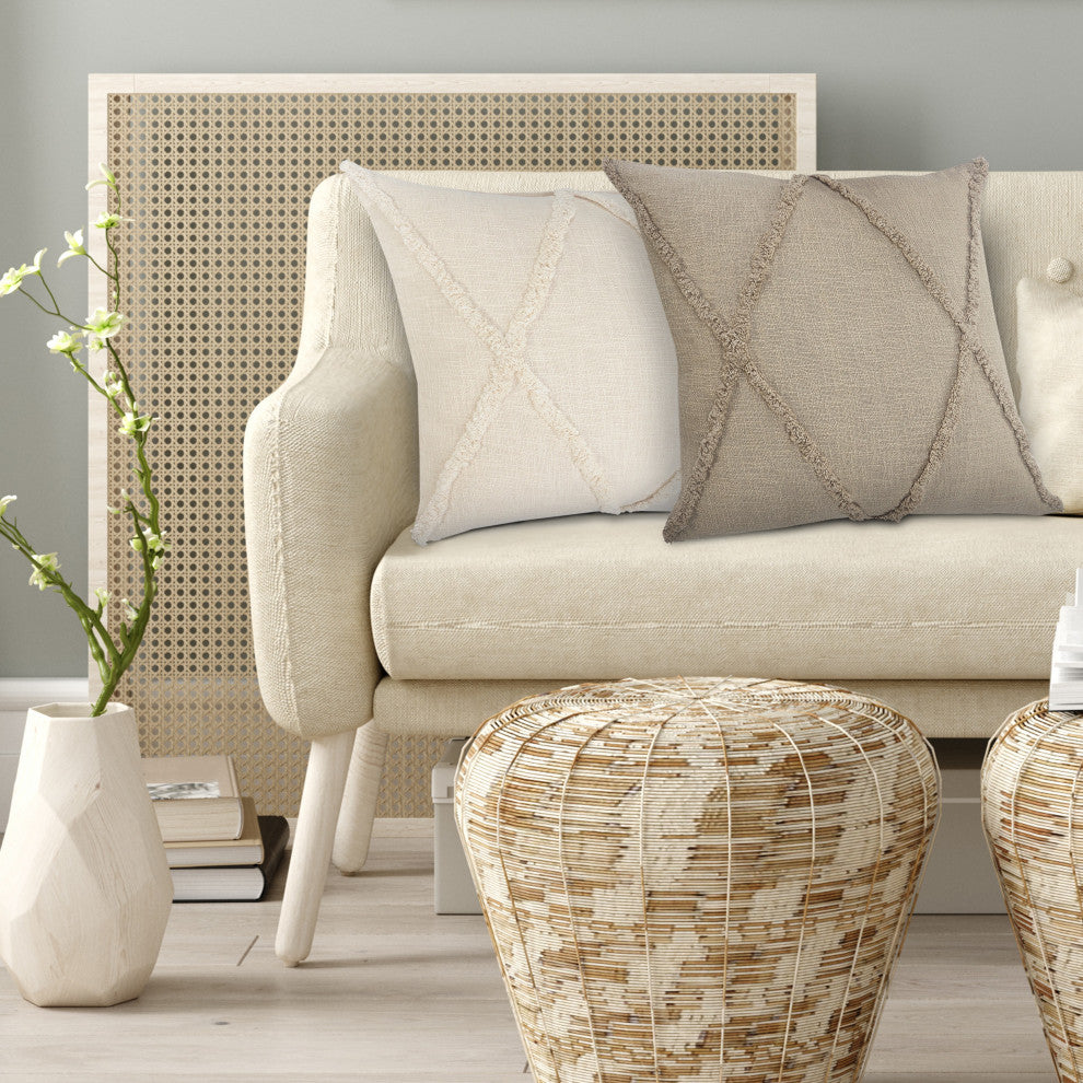 Boho Diamond Tufted Cotton Throw Pillow, Taupe, 20" X 20"