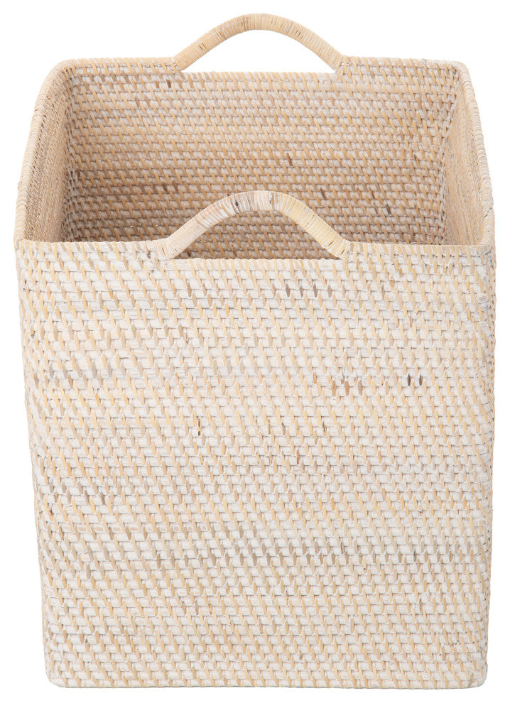 Loma Rectangular Tall Decorative Rattan Storage Basket with Ear Handles, Large, White Wash