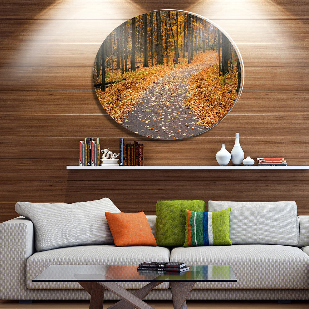Autumn Walk Way With Fallen Leaves, Forest Disc Metal Artwork, 11"