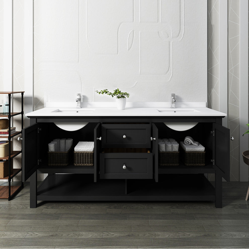 Fresca Manchester 72" Black Double Sink Cabinet, Top and Sinks