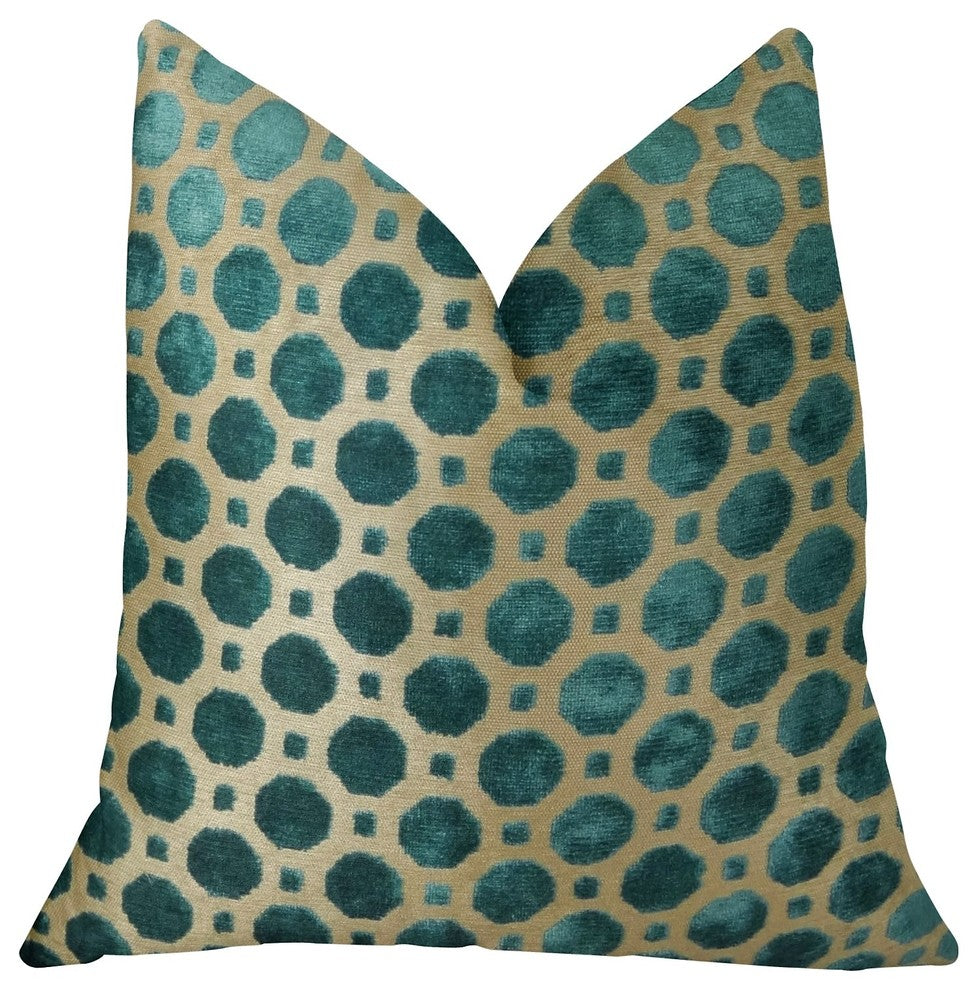 Velvet Aquamarine Turquoise and Taupe Handmade Luxury Pillow, 20"x20"