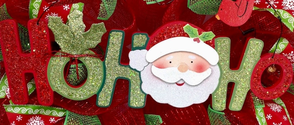 Santa Ho Ho Ho Christmas Wreath Handmade Deco Mesh With Cardinal And Tiny Bells