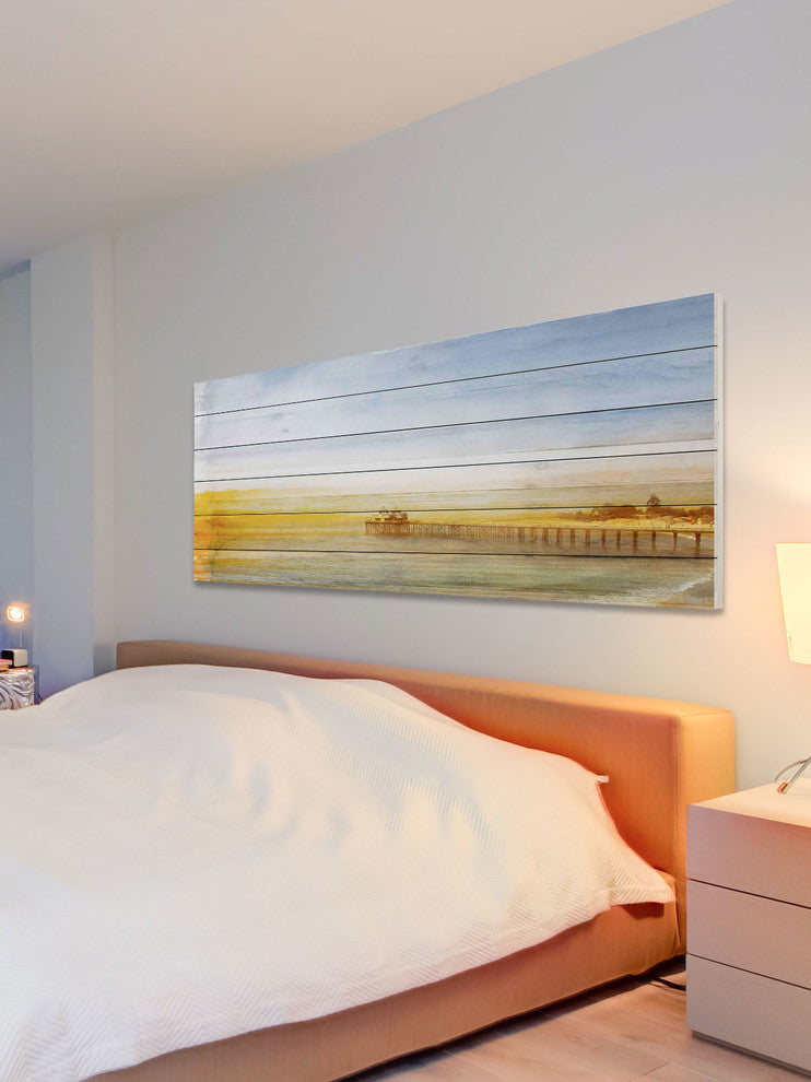 "Malibu Pier" Print on White Wood, 60"x20"