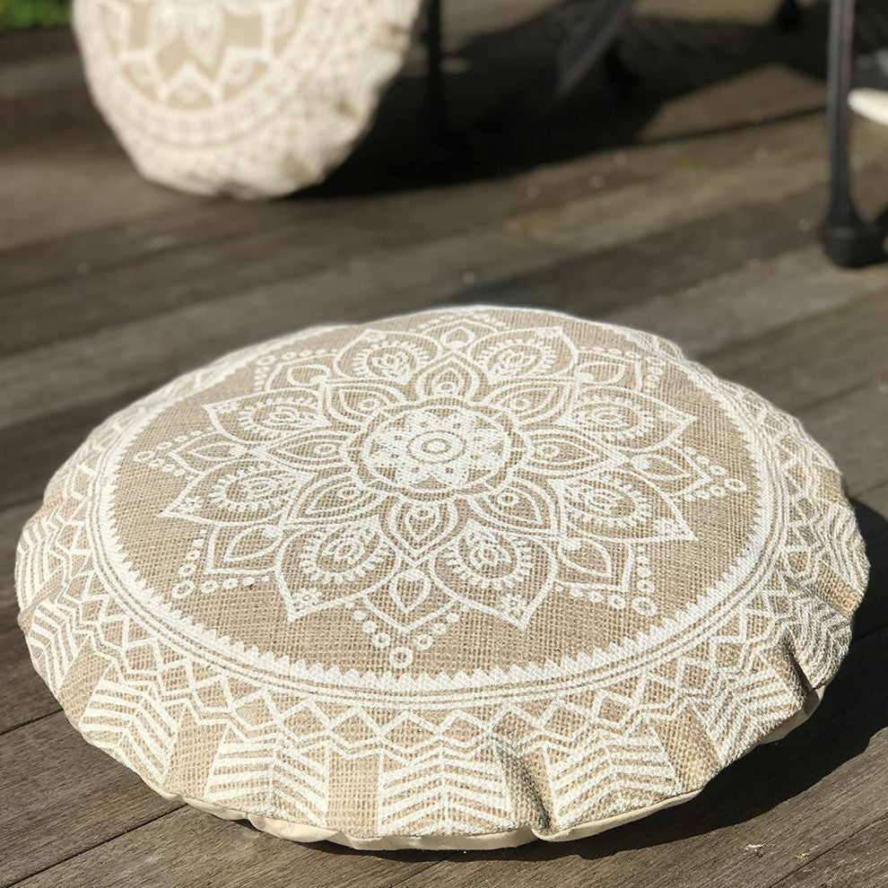 Mandala Floor Cushion, Beige and White, 22" Diameter