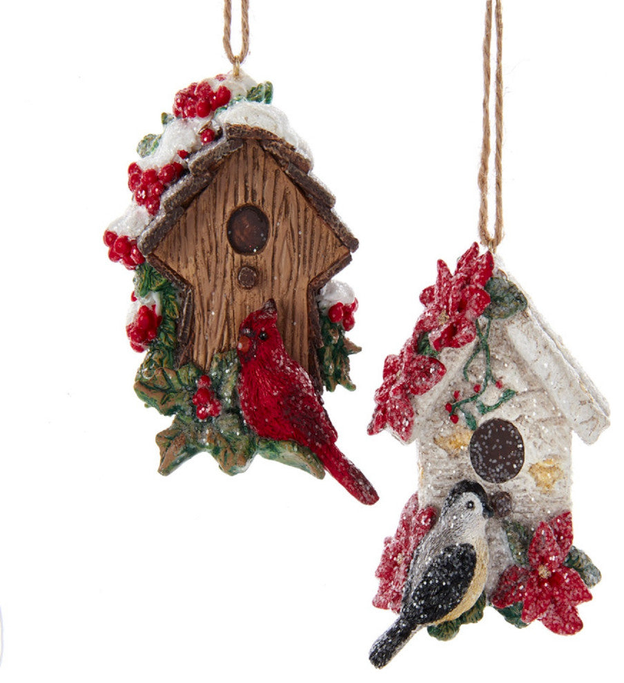 Cardinal and Chickadee Perched on Birdhouse Christmas Holiday Ornaments Set of