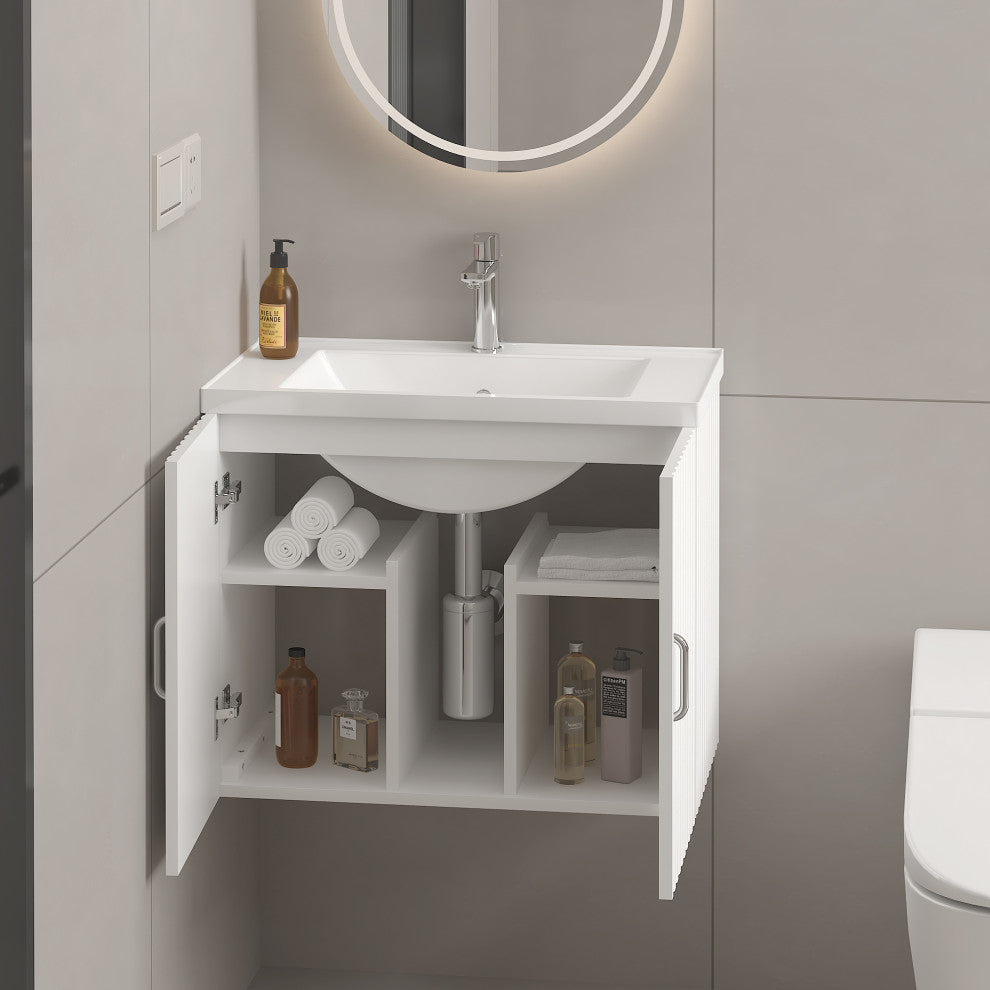 24" W x 19" H MDF Floating Bath Vanity, Integrated Ceramic Sink, White