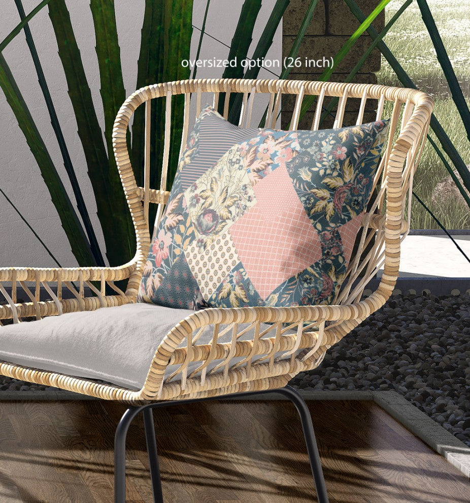 26" Green Peach Boho Floral Indoor Outdoor Throw Pillow