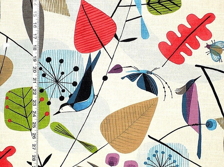 Scandinavian Fabric Retro Modern Graphic Bird Leaves, Sample Cut