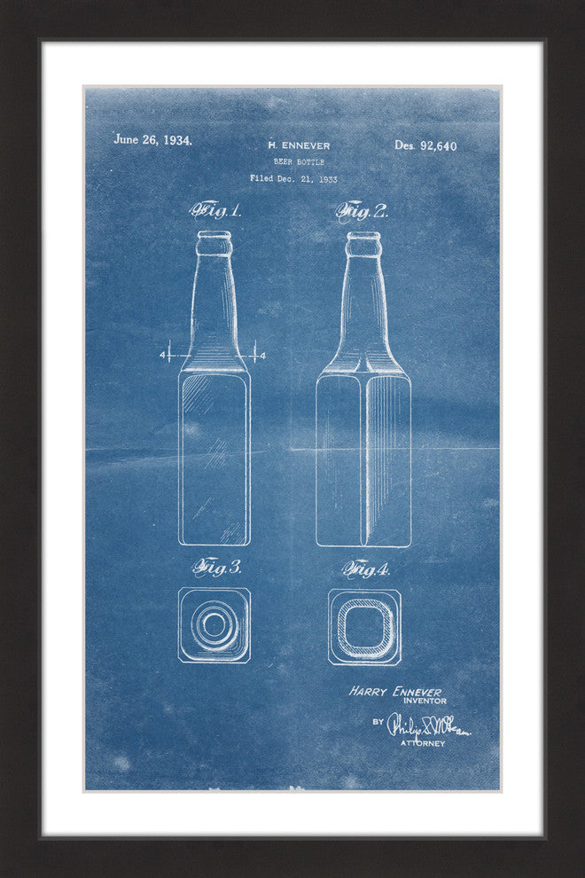 "Beer Bottle 1933 Blueprint" Framed Painting Print
