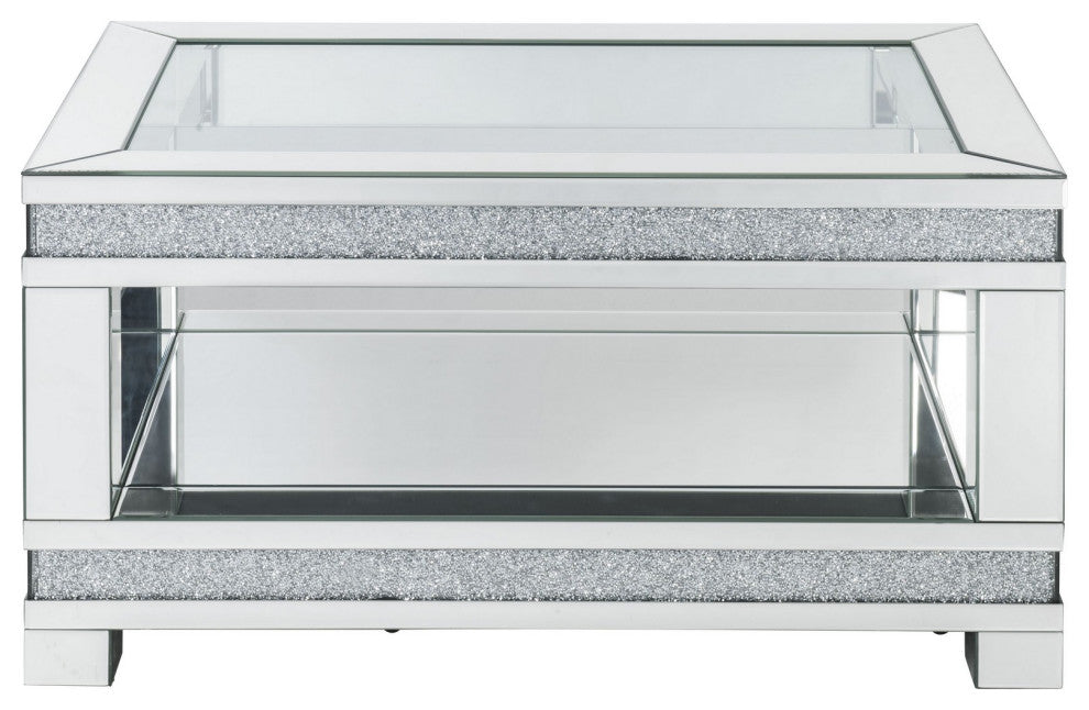 Benzara BM252335 Coffee Table With Open Shelf and Mirror Panels, Silver