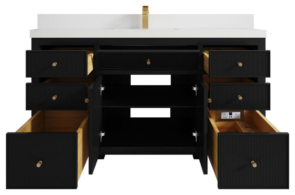Sonoma 60 Single Sink Reeded Bathroom Vanity in Black 2" White Quartz