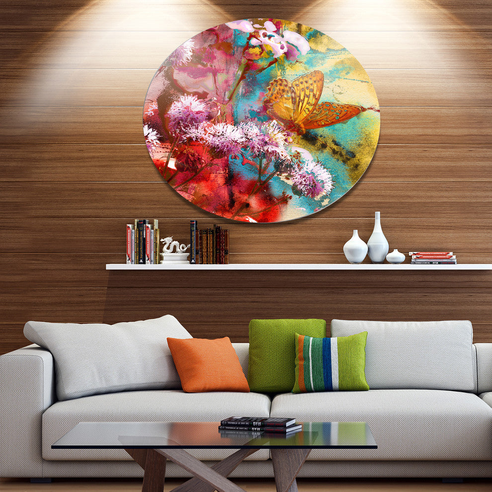 Butterfly And Abstract Design Watercolor, Floral Round Artwork, 11"