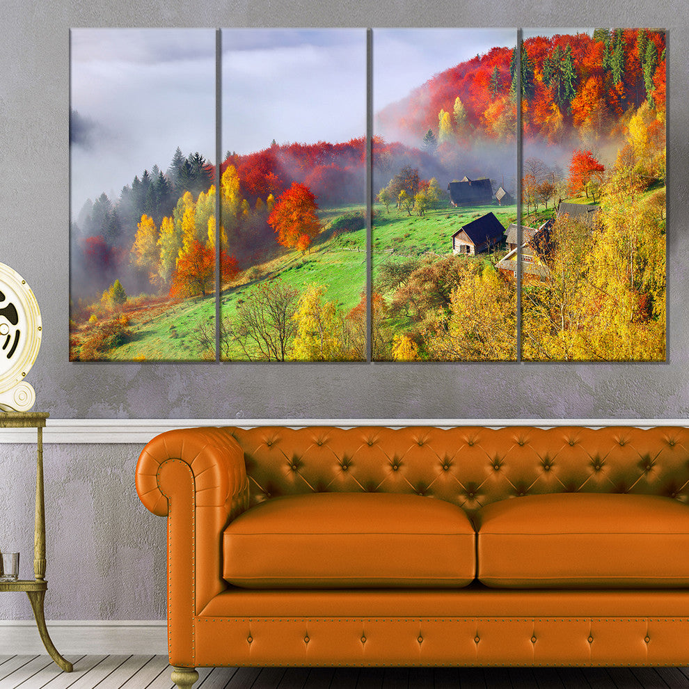 Colorful Autumn Landscape in Mountains, Landscape Canvas Art, 48"x28", 4 Panels