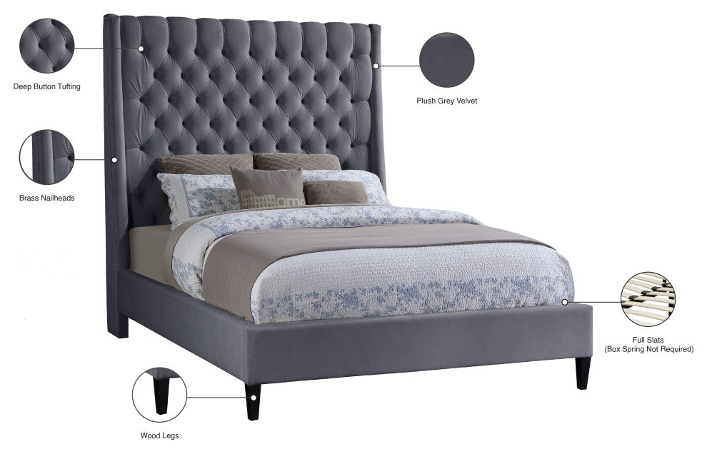 Fritz Velvet Upholstered Bed, Gray, Queen