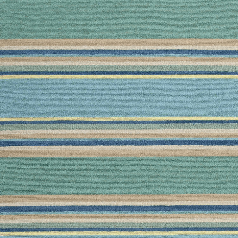 8'X10' Ocean Blue Hand Hooked Uv Treated Awning Stripes Indoor Outdoor Area Rug