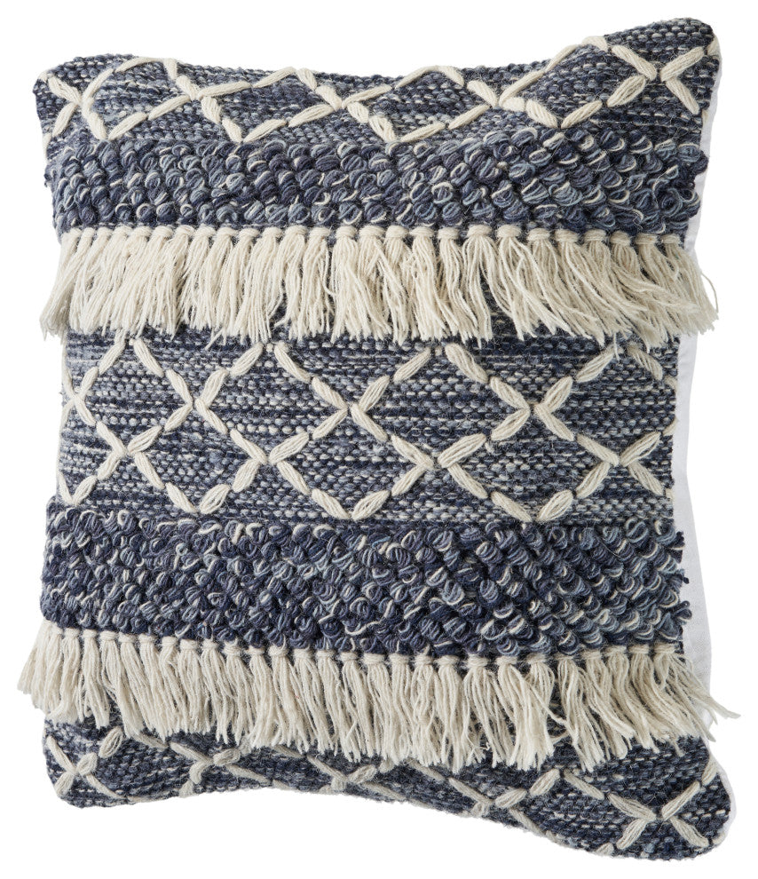 Navy and Ivory Textured with Fringe Throw Pillow
