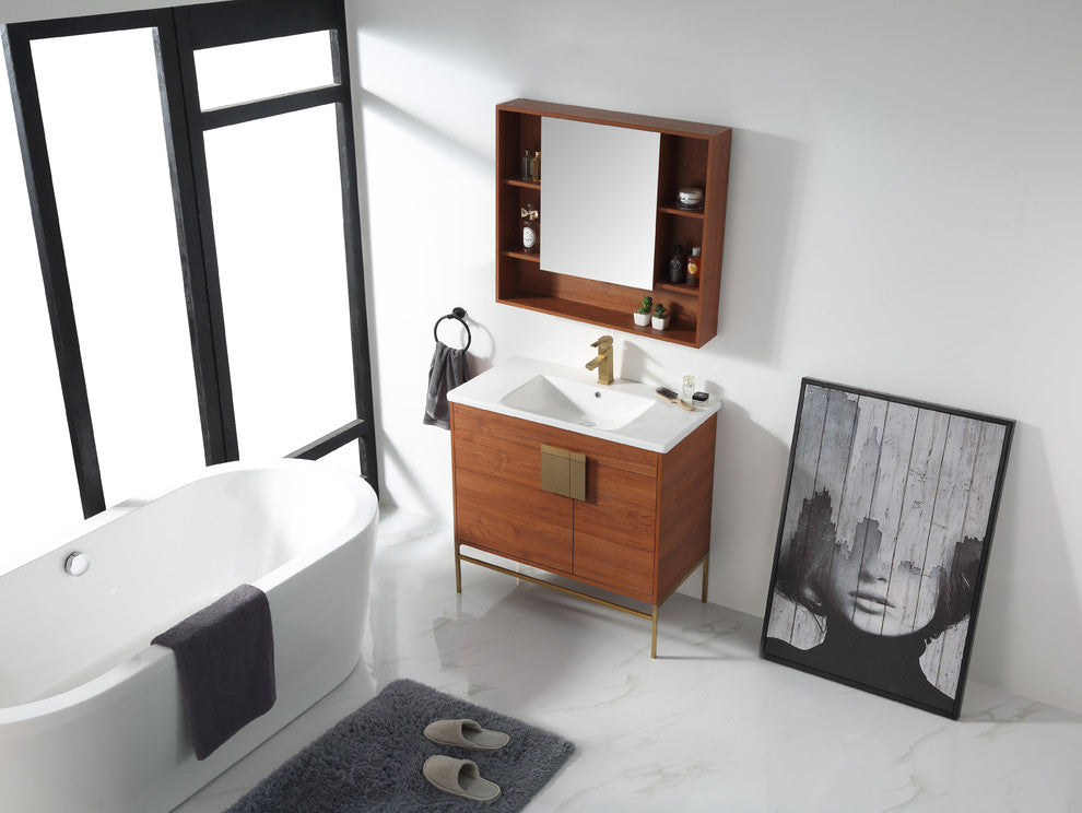 Modern Wallnut Bathroom Vanity Set, Satin Brass Hardware, Vireous China Sink Top