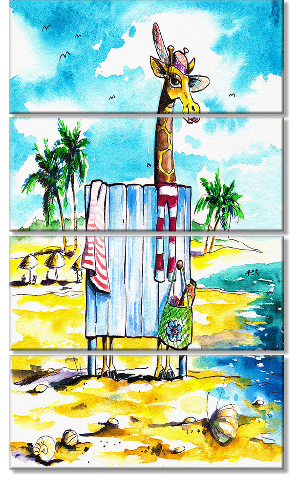 "Giraffe in Dressing Room on Beach" Cartoon Animal Print, 4 Panels
