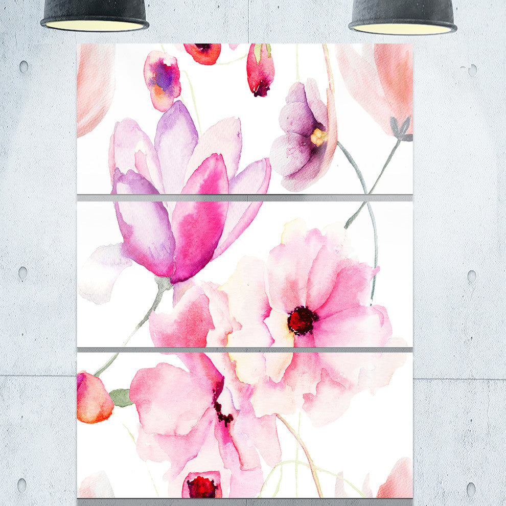 "Seamless Pattern of Pink Flowers" Metal Wall Art, 3 Panels, 28"x36"
