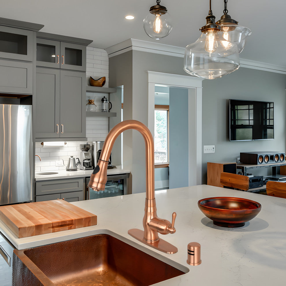 Pull Down Kitchen Faucet With Deck Plate, Single Level Solid Brass Sink Faucets,