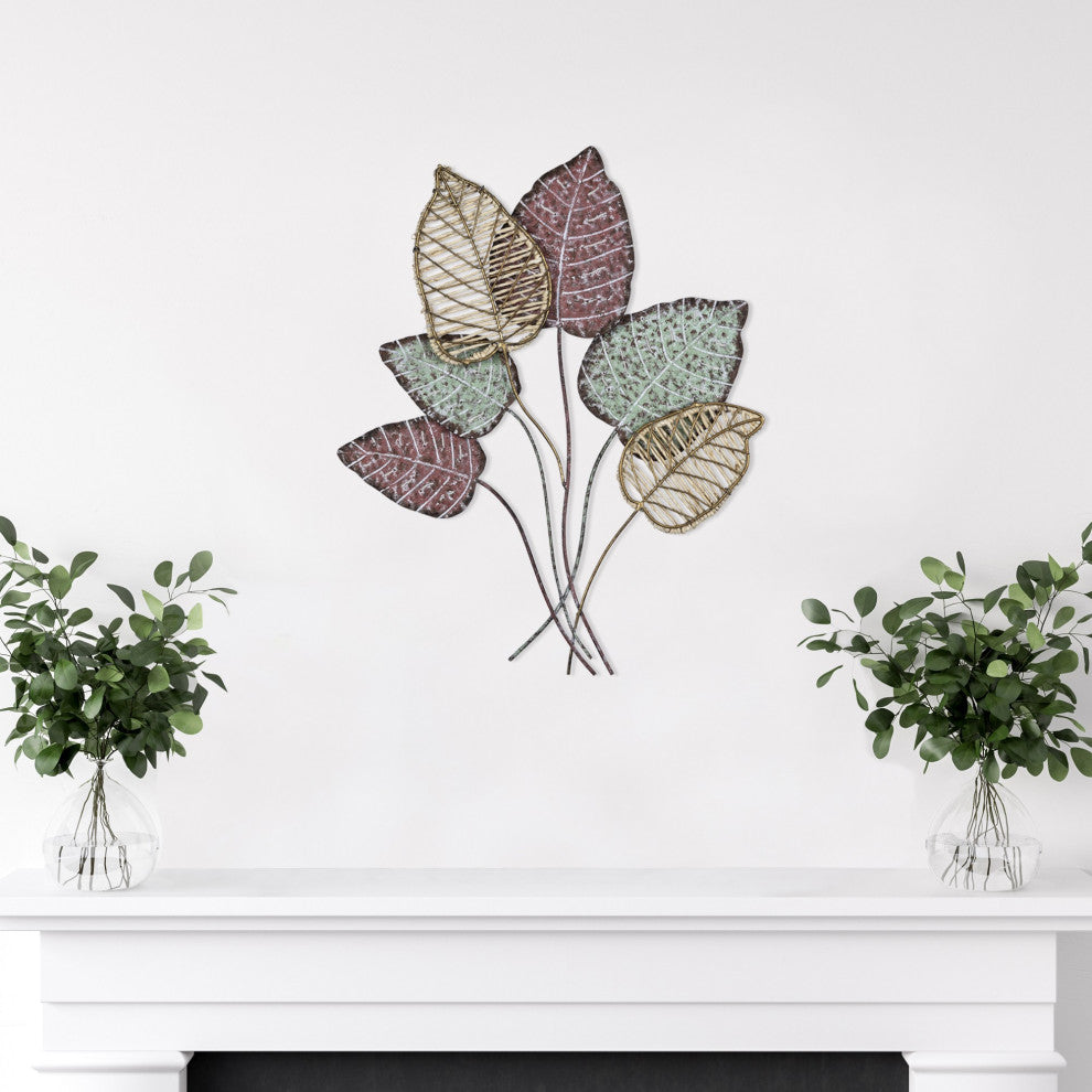 Botanical Metal Wall D"cor With Rattan Detailing