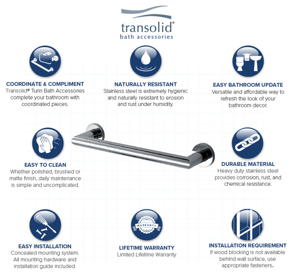 Transolid Turin 12-inch Grab Bar, Polished Chrome