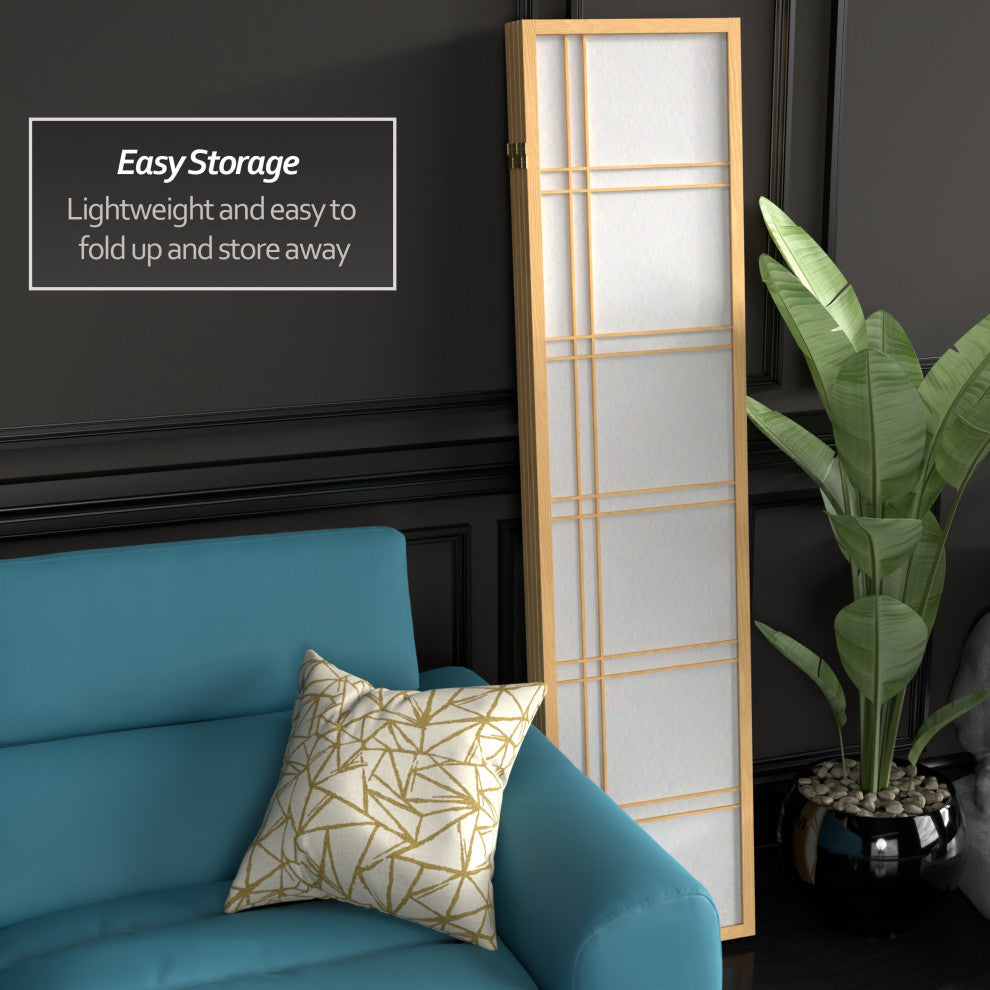 6' Tall Double Cross Shoji Screen, Natural, 4 Panels