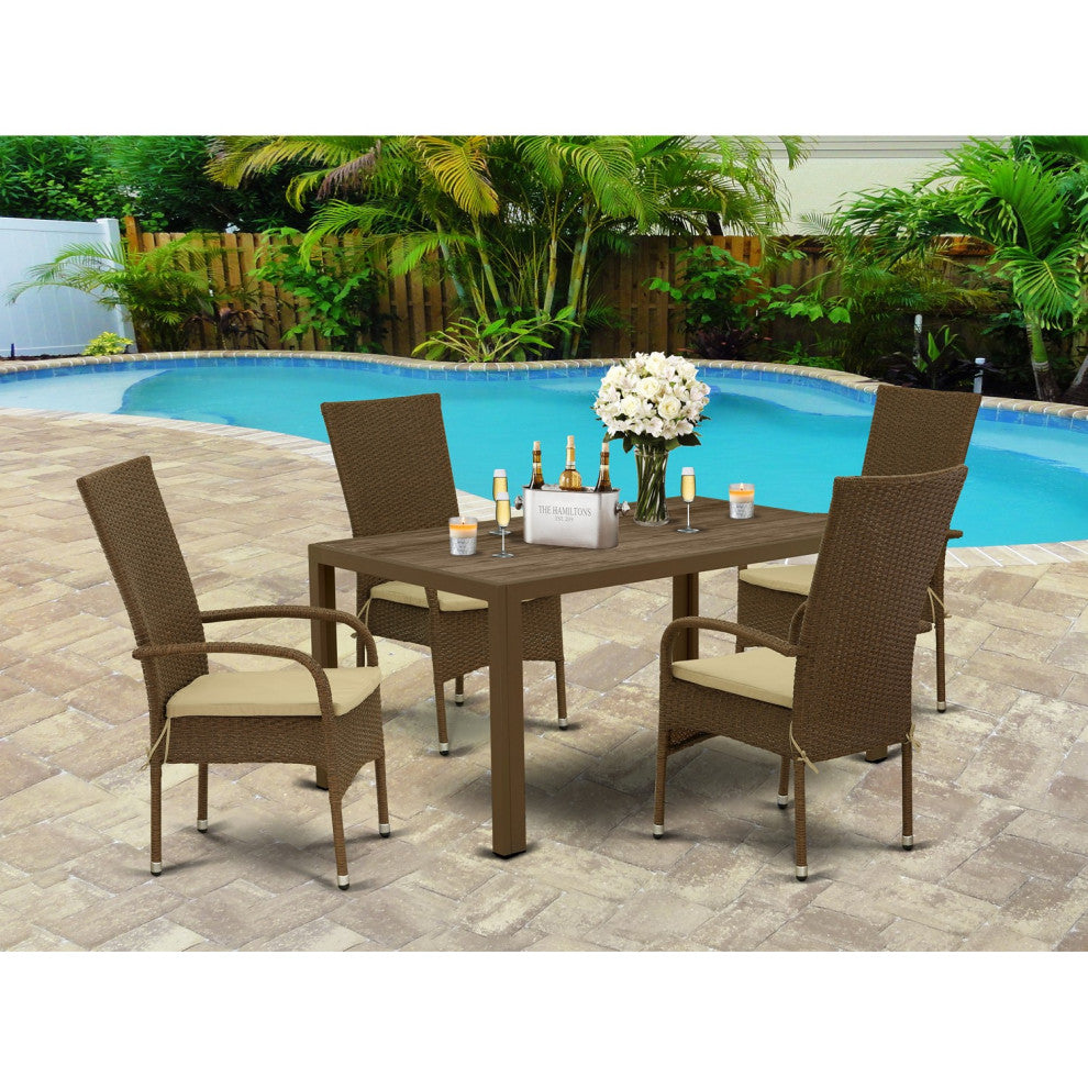 5Pc Outdoor- Brown Wicker Dining Set, Patio Table, 4 Balcony Backyard Armchair