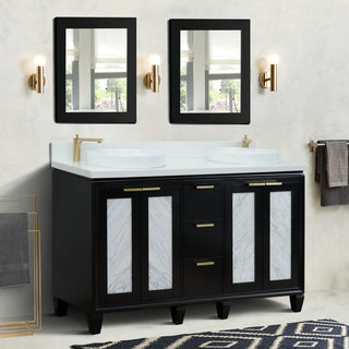 61" Double Sink Vanity, Black Finish With Engineered Stone Top And Round Sink