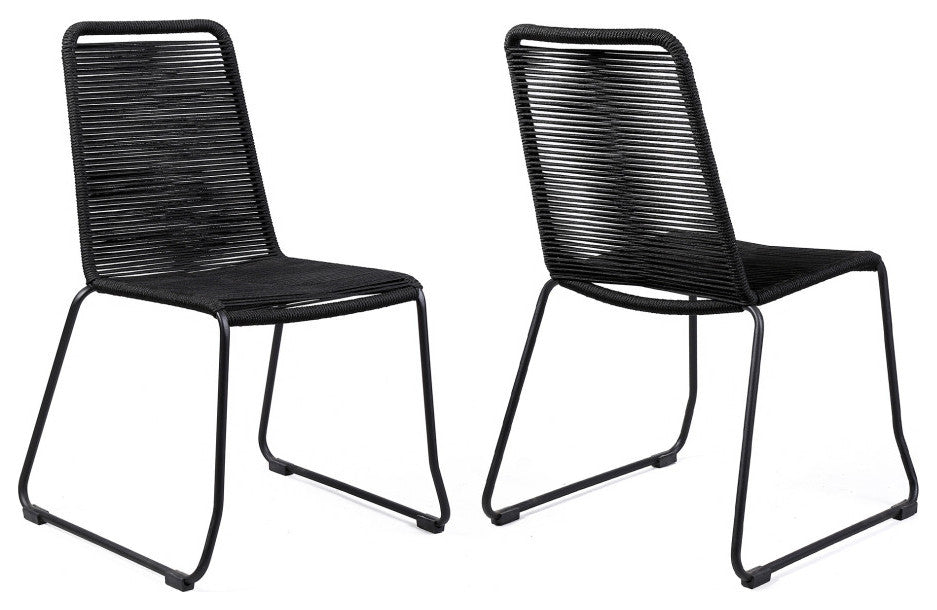 Shasta Outdoor Metal and Black Rope Stackable Dining Chair - Set of 2, Black Rope