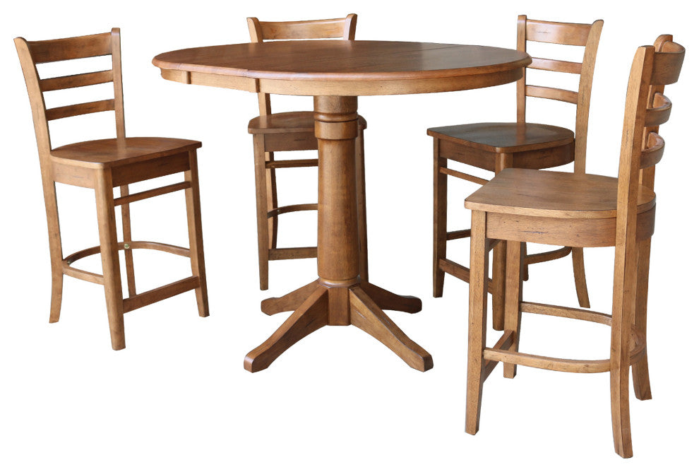 36" Round Extension Dining Table With Emily Counter Height Stools, Distressed Oak, 5 Piece