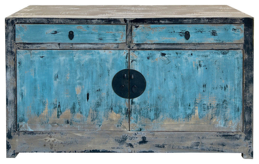 Distressed Black Rim Light Blue Doors Credenza Sideboard Console Table Hws4358