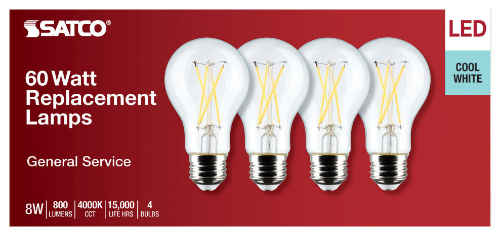 8W A19 LED, Clear, 4000K, Medium Base, 120V, 4-Pack