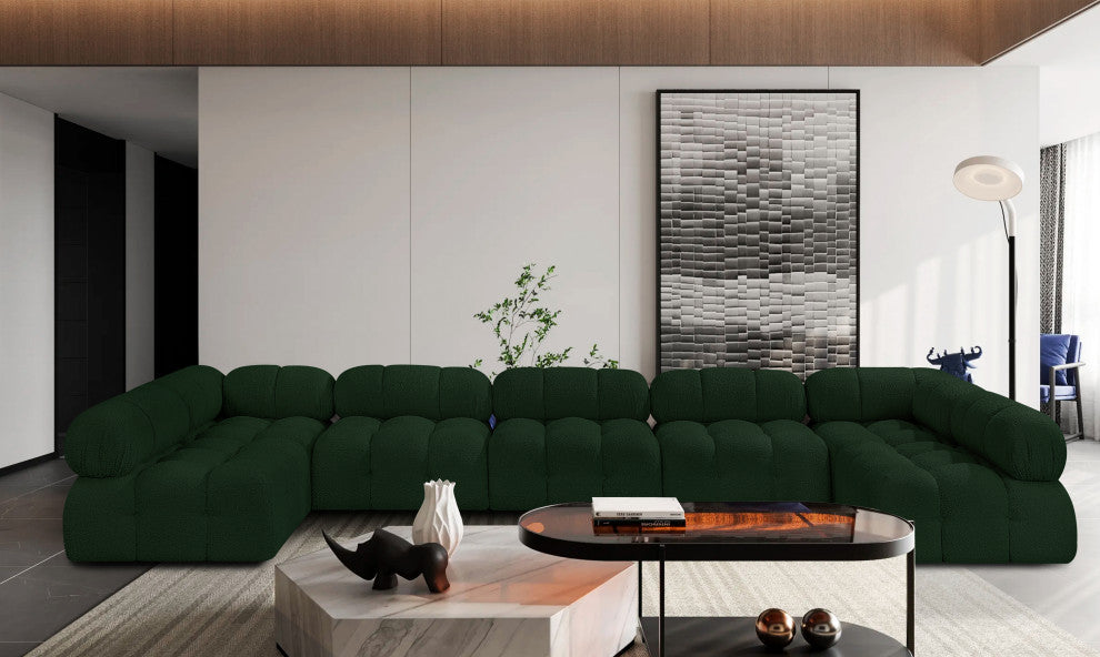 Ames Boucle Fabric U-Shaped Modular Sectional, Green, 7-Piece: 5 Armless Chair, 2 Corner Chair - A