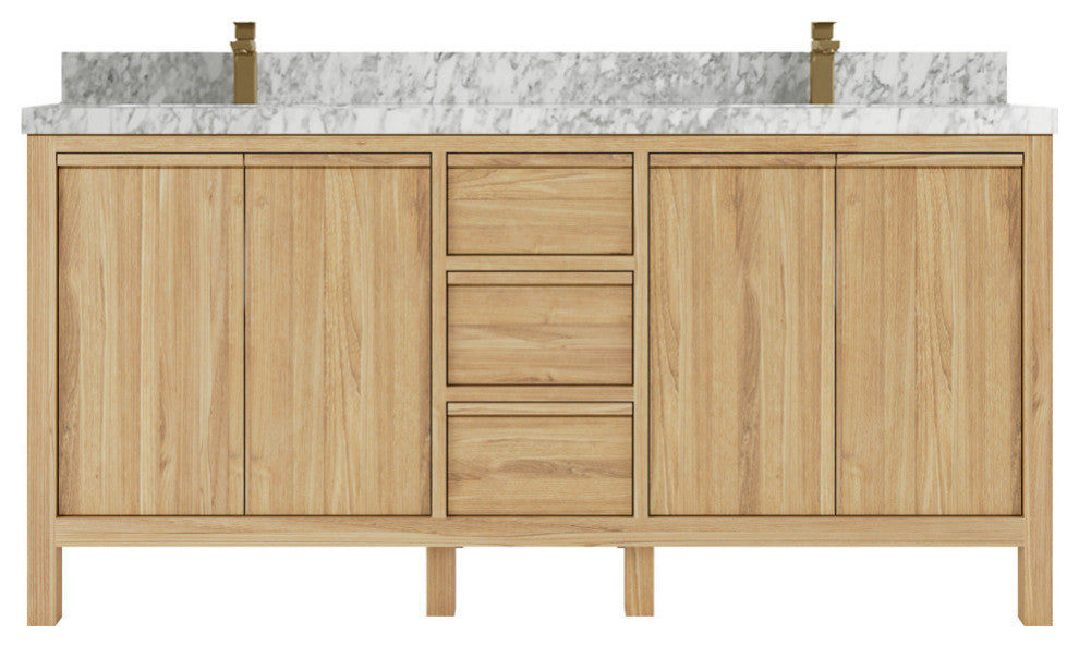 Elizabeth 72 Double Sink Bath Vanity in Light Natural Teak 2" Carrara Marble