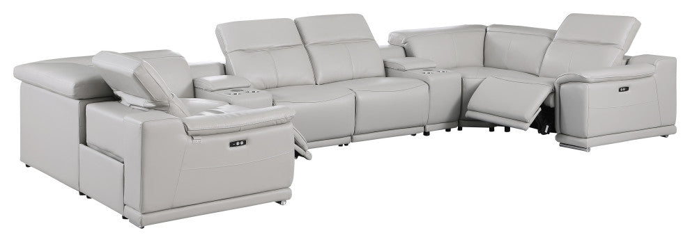 Federico 8-Piece Italian Leather U Sectional, 2 Power Recliners, Light Gray