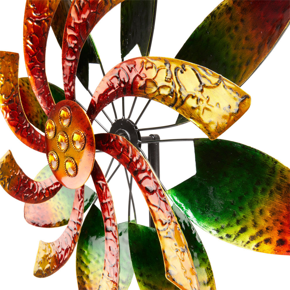 64" Tall Floral Windmill Stake with Jeweled Kinetic Spinner, Green and Orange